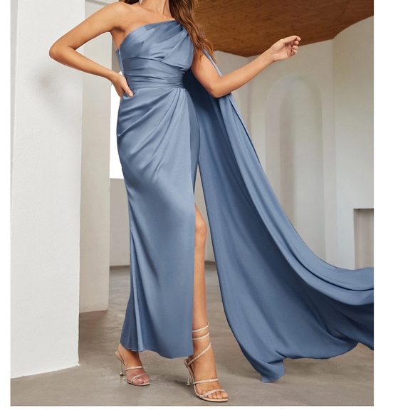 Luxe Navy Blue Satin One Shoulder Ruched Split Hem Formal Party Wedding Dress - Picture 11 of 13